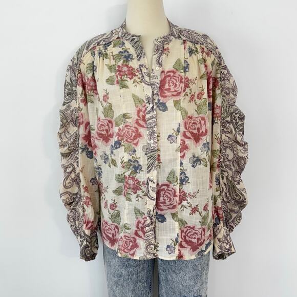Free People Maraya Floral-Print Puff-Sleeve Top Blouse Button Down Shirt L - Picture 2 of 11